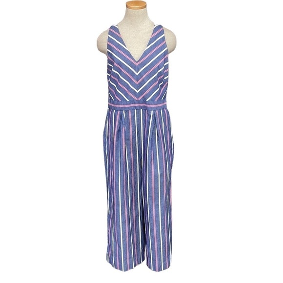 1901 Striped Jumpsuit Wide Leg V-Neck Blue Pink Size 10 - Picture 1 of 17